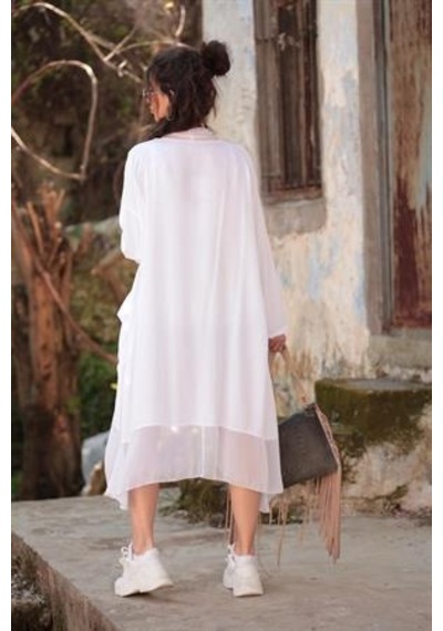 Italyan Ipek Detaylı Oversize Kap Bluz- Wes Pantolon Takım Beyaz
