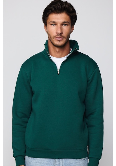 Tudors Pamuklu Dik Yaka Fermuarlı Haki Unisex Sweatshirt-29037-haki Haki