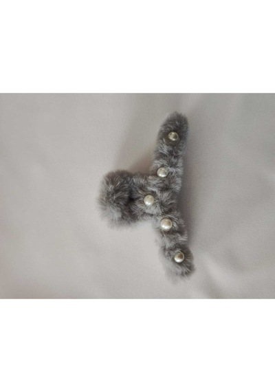Büyük Boy İnci Peluş Mandal Toka 12 Cm Gri