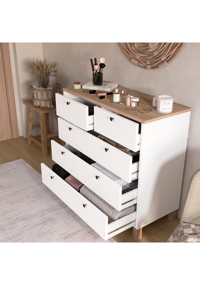 Robin Home Led Aynalı Şifonyer 5 Çekmece Ahşap Ayaklı Sepet-beyaz