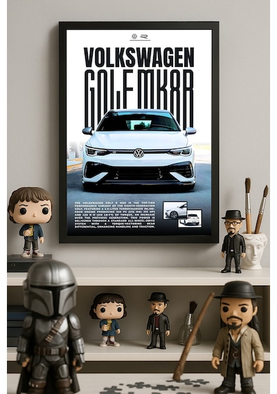 Volkswagen Golf Mk 8 R Siyah Ahşap Çerçeveli Poster, Dekoratif Araba Duvar Tablosu