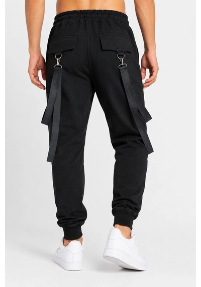 Assema Erkek Techwear Şerit Aksesuarlı Ön Kapak Cep Detaylı Jogger Eşofman Altı - Siyah Çok Renkli
