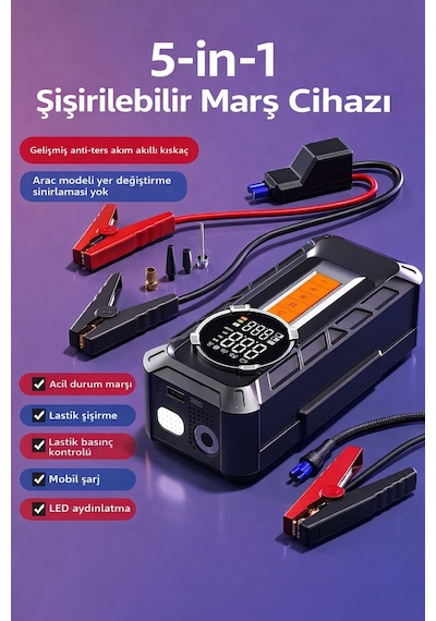 8000 Mah Akü Takviye & Hava Kompresörü 1000a Güç, 150 Psı Dijital Şişirme Cihazı