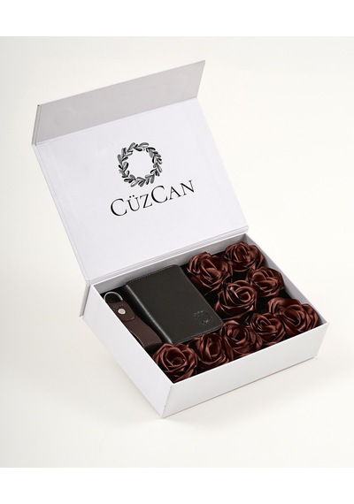 Premium Gift Rose Box - Roco Kahverengi Hakiki Deri Cüzdan - Anahtarlık Ve Kahverengi Gül Kutusu Kahverengi