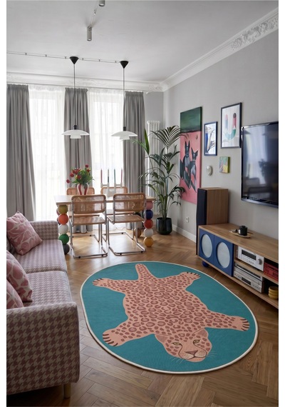 Leopar 05 Mavi Pembe Leopar İnce Vintage Görünüm Şönil Dokuma Oval Oturma Odası Ev Koridor Halısı
