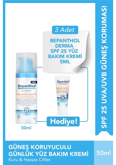 Bepanthol Derma SPF 25 Yüz Bakım Kremi + 3 Adet Derma SPF 25 Yüz Bakım Kremi 5 ML