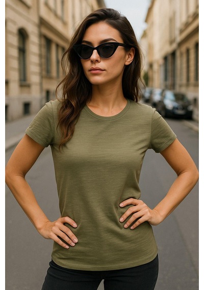 Kadın %100 Organik Pamuklu Relaxed Yıkamalı T-shirt Bisiklet Yaka Kısa Kollu Kadın Basic Tişört Haki