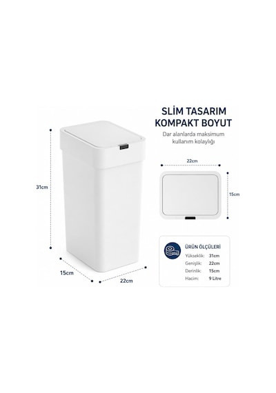 9 Litre Slim Sensörlü Çöp Kovası, Otomatik Temassız Akıllı Çöp Kutusu, Sessiz Kapanan, 2 Aa Pille Çalışan,