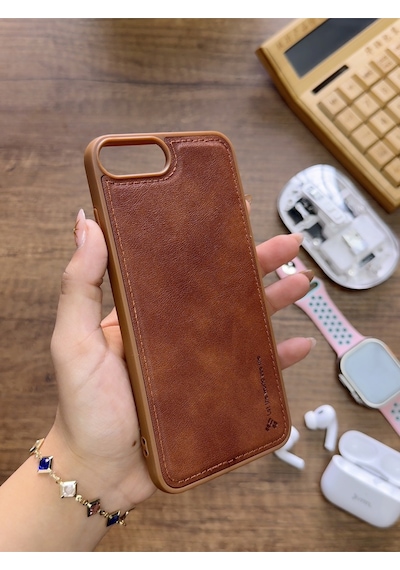 Apple iPhone 7 Uyumlu Premium Deri Dokulu Darbelere Karşı Dayanıklı Nazal Silikon Kılıf Kahverengi