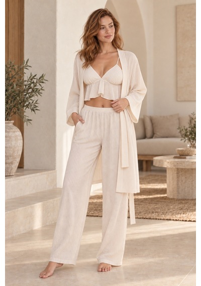 Loule Kadın Bej-krem Çizgili Fırfırlı Sabahlıklı Pijama Takımı Çok Renkli Loule Kadın Bej-krem Çizgili Fırfırlı Sabahlıklı Pijama Takımı Çok Renkli