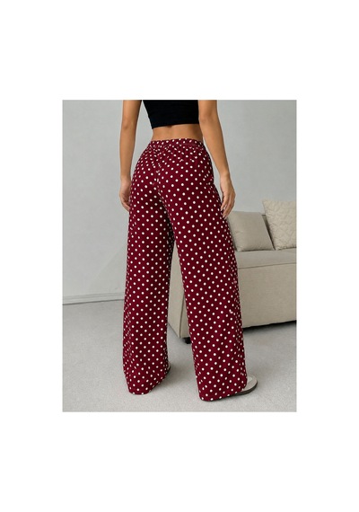 Wild Flower Kadın Puantiye Desenli Bol Paça Pantolon Rahat Kalıp Palazzo Bordo