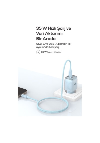 Hızlı Şarj Adaptörü 35w Gan + Type-c Kablo 60w Pd Usb-c & Usb-a, Laptop & Telefon Mavi-v0102021