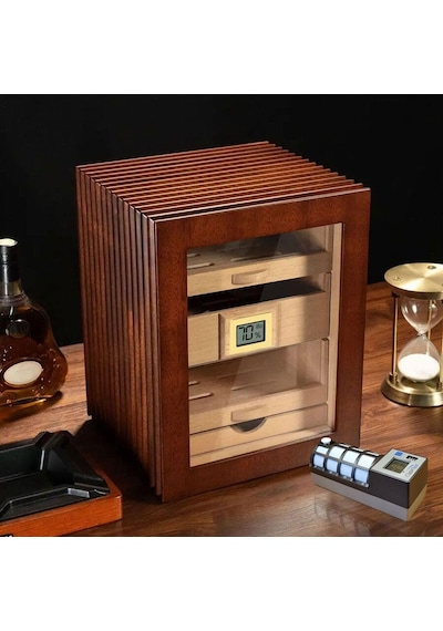 Cigarloong Camlı 3 Çekmeceli Puro Kutusu Ceviz 80's Cigarspa Elektronik Nemlendirme