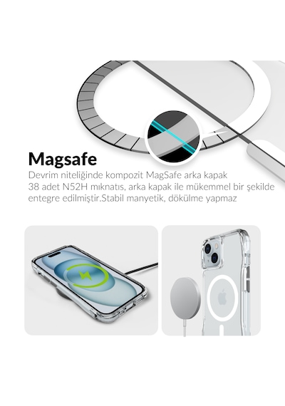 Bix iPhone Uyumlu 14 Plus / 15 Plus Octagon Hava Yastıklı Magsafe Kılıf Maksimum Korumalı Antrasit Kristal Şeffaf