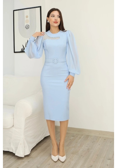 Lodmela Tül Ve İşleme Detaylı Midi Elbise 2285-bebe Mavisi Bebe Mavisi