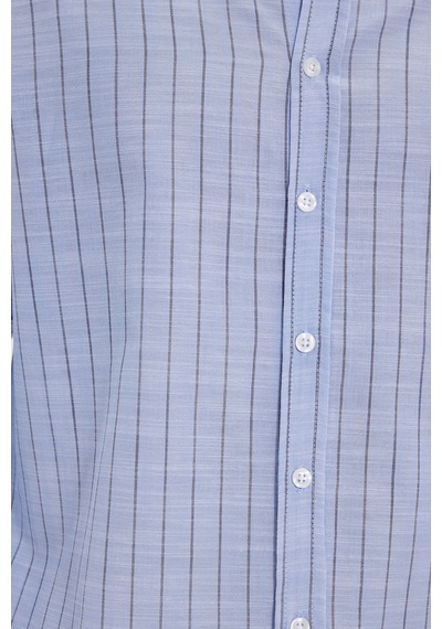 Tudors Erkek Slim Fit Dar Kesim Uzun Kollu %100 Pamuk Keten Doku Çizgili Gömlek-42648 Mavi