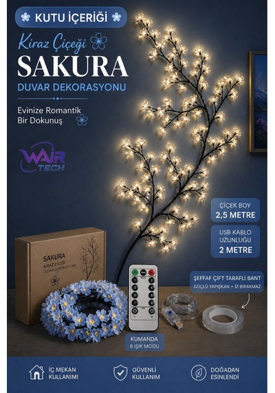 Kiraz Çiçeği Sakura Led Duvar Dekoru 144 Led Ağaç Dalı Işık, 8 Mod, Kumandalı Mavi