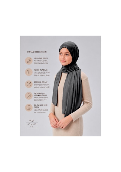 Sonbaharmoda Kız Çocuk Penye Şal, Viskon Likralı, 60x150 Cm, 10-12 Yaş, Tesettür Şal. Füme