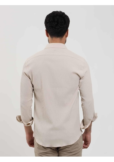 Dufy Bej Erkek Slim Fit Gofre Desenli Brent Yaka Uzun Kol Gömlek - 104810-bej Bej