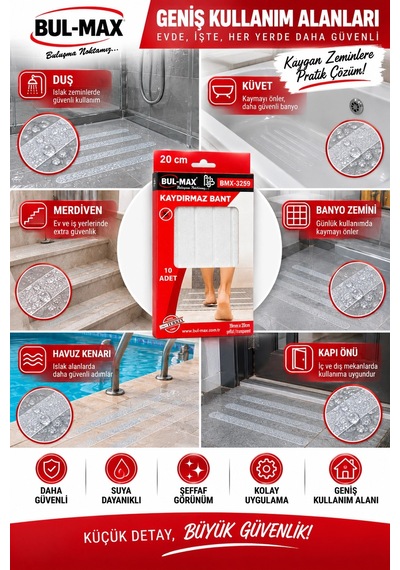 Şeffaf Kaydırmaz Bant 10 Adet 19 Mm X 20 Cm Kendinden Yapışkanlı Suya Dayanıklı Banyo Duş Küvet Band