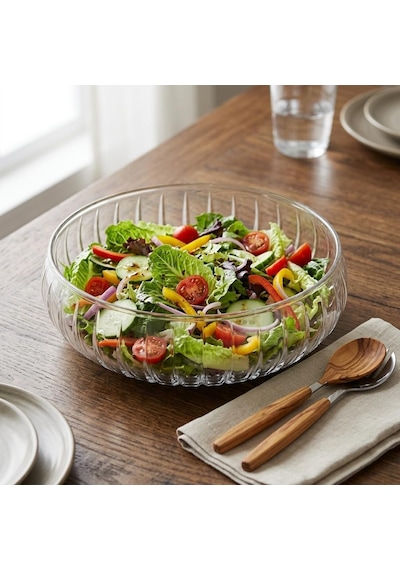 El Yapımı Üfleme Borosilikat Cam Linea Sunum Çanağı - Şeffaf Dekoratif Salata, Meyve Ve Çerez K Cam Şeffaf