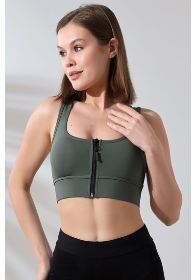 EMFURE Haki Fermuarlı Spor Büstiyer - Sports Bra / Crop Destekli Spor Sütyeni Haki