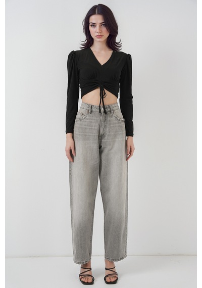 Hiccup Bdart Drapeli V Yaka Dikişli Crop Top Siyah