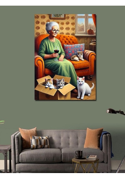 Kanvas Tablo Yaşlı Kadın Ve Kedi Dostları 50cmx70cm