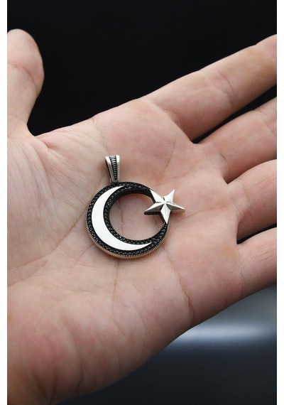 Mikro Taş Süslemeli Kolye Ucu Ay Yıldızlı Ayyıldızlı 925 Ayar Gümüş 901207