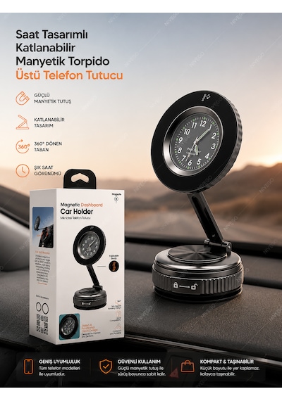 Nvg Saat Tasarımlı Katlanabilir Manyetik Torpido Üstü Telefon Tutucu 360 Dönebilen Araç İçi Telefon Standı Siyah