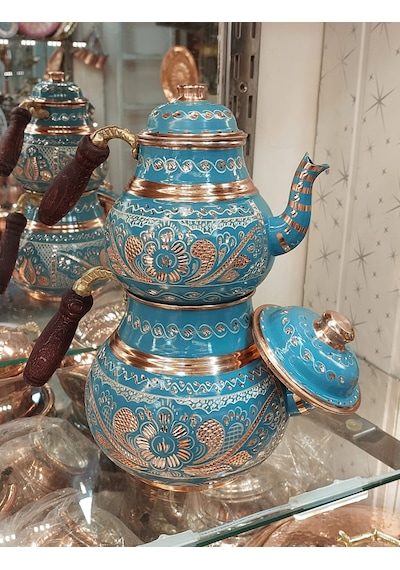 Bakır Çaydanlık El Işlemesi Çiçek Desenli Turkuaz Renk İşlemeli