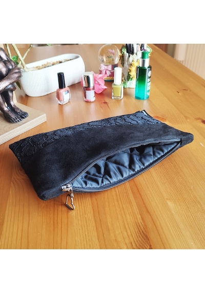 Ju Yaratıcı Tasarım Kadın Portföy & Clutch Çanta Süet Dantel Siyah