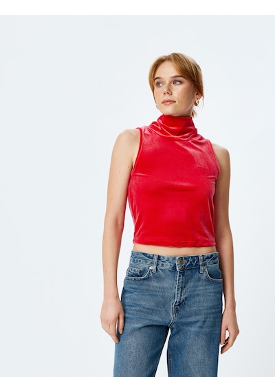 Koton Kadife Crop Top Kolsuz Dik Yaka Kırmızı 5wak10005ek Kirmizi