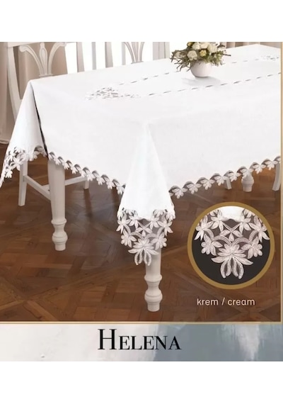 Keten Tek Masa Örtüsü Tablecloth 155x260 Cm Dantelli Yemek Masası Örtüsü Helena Model Krem