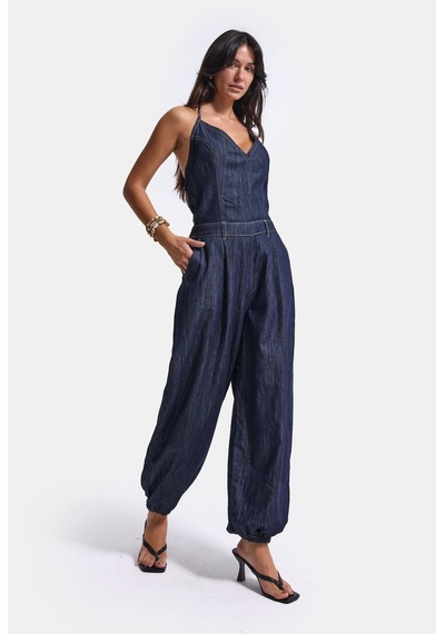 Kadın 7w6-50 Boyundan Askılı %100 Koton Denim Tulum Lacivert