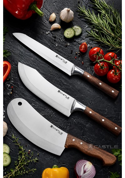 Hand Craft Mutfak Bıçak Seti Et Ekmek Sebze Salata Şef Bıçağı 3 Lü Set Günlük Kullanım Mft-090 Ceviz