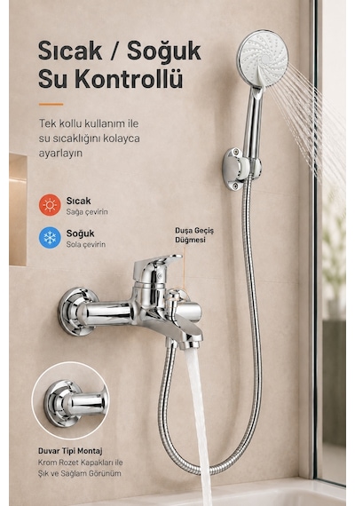 Krom Banyo Bataryası Duş Seti Mafsallı El Duşu Sıcak Soğuk Mix Musluk Ve Duş Başlığı Set Gri