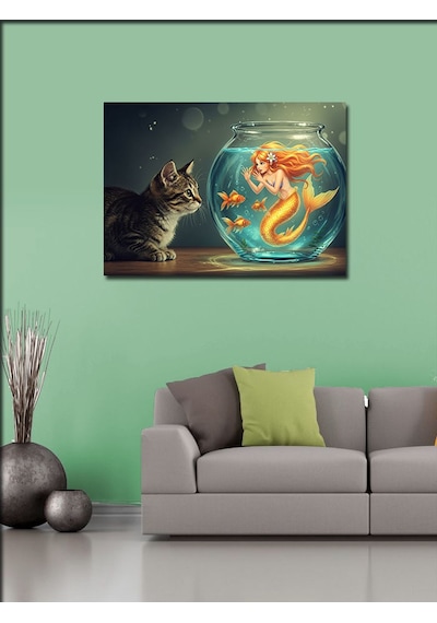 Kanvas Tablo Akvaryumlu Denizkızı Ve Yaramaz Kedi 100cmx140cm