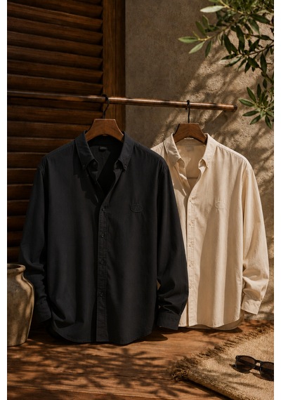 Respire Erkek Minimal Baskılı Oversize Dokulu Gömlek 2'li Set Siyah-bej