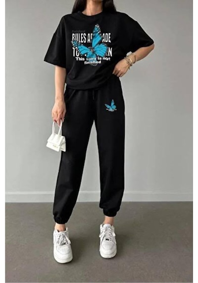 Hırsch Kelebek Baskılı Takım - Tshirt Ve Jogger Eşofman Siyah