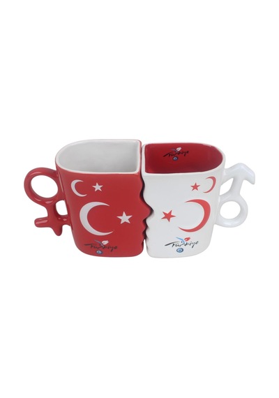 Ay Yıldız Ruh İkizi Tasarımlı Türk Bayraklı 2li Porselen Kupa Fincan Seti 250 Ml Büyük Boy Kırmızı - Beyaz