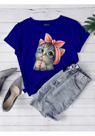 Oversize Saks Mavi Sevimli Minik Kedi Baskılı T-shirt Unisex Rahat Kalıp Saks Mavi