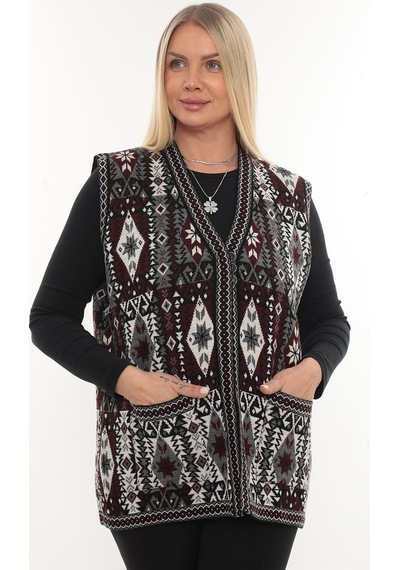 İksun Kadın Etnik Model Triko Örgü Kilim Cepli Kışlık Kalın Anne Yelek Gri