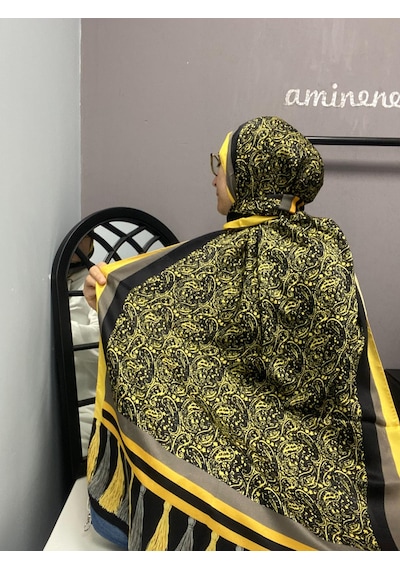 Aminenesil Cardion Premium Etnik Desen Şal Sarı Siyah Renk