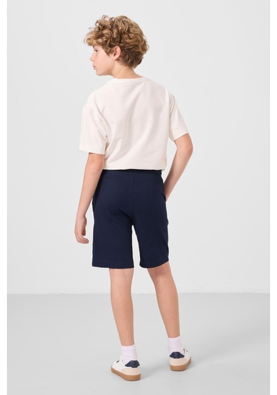 Ekru-lacivert Pamuklu Oversize Fit Dokuma Hafif Esnek Chino Erkek Çocuk Şort Takım - 11276 Ekru
