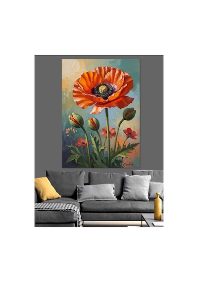 Kırmızı Gelincik Çiçeği Ve Buketi Yağlı Boya Dokulu Kanvas Tablo Canvas Tablosu