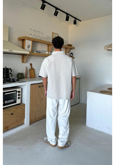 Flaw Keten Oversize Kısa Kol Gömlek Taş Rengi-25768 Taş