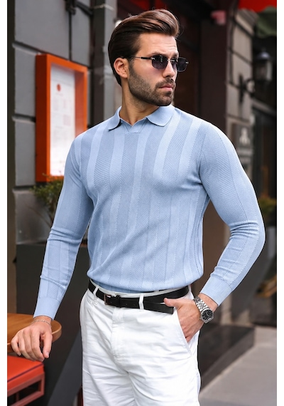 Madmext Bebe Mavisi Regular Fit Polo Yaka Triko Erkek Kazak E7509 Mavi