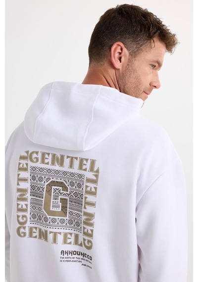 Tudors Erkek Oversize Geniş Kesim Pamuklu Baskılı Beyaz Kapüşonlu Sweatshirt-37294 Beyaz