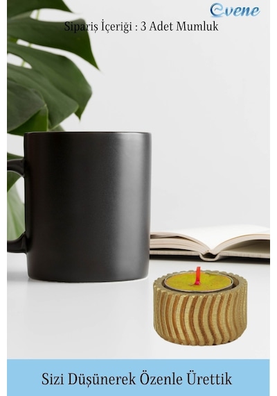 Eskitme Mumluk Şamdan 3 Adet Tealight Uyumlu Üçlü Tekerlek Model - Altın